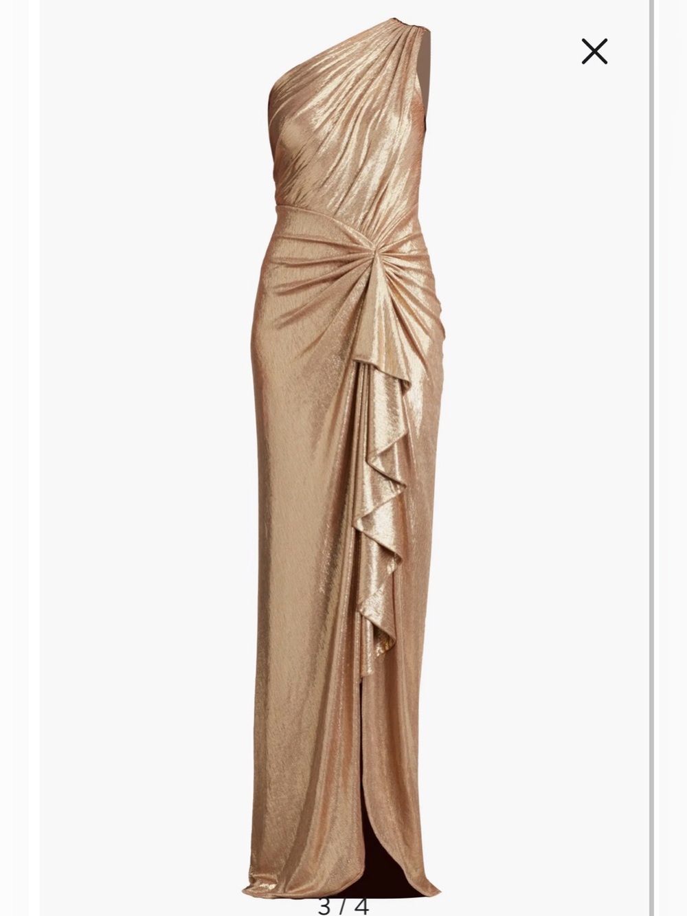 NWOT- Tadashi Shoji Foil Ruffle One-Shoulder Gown, Gold Dust, size Medium - Picture 3 of 12